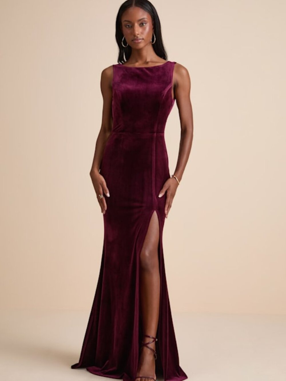 Lulus Ravishing Poise Burgundy Velvet Cowl Back Sleeveless Maxi Dress Red
